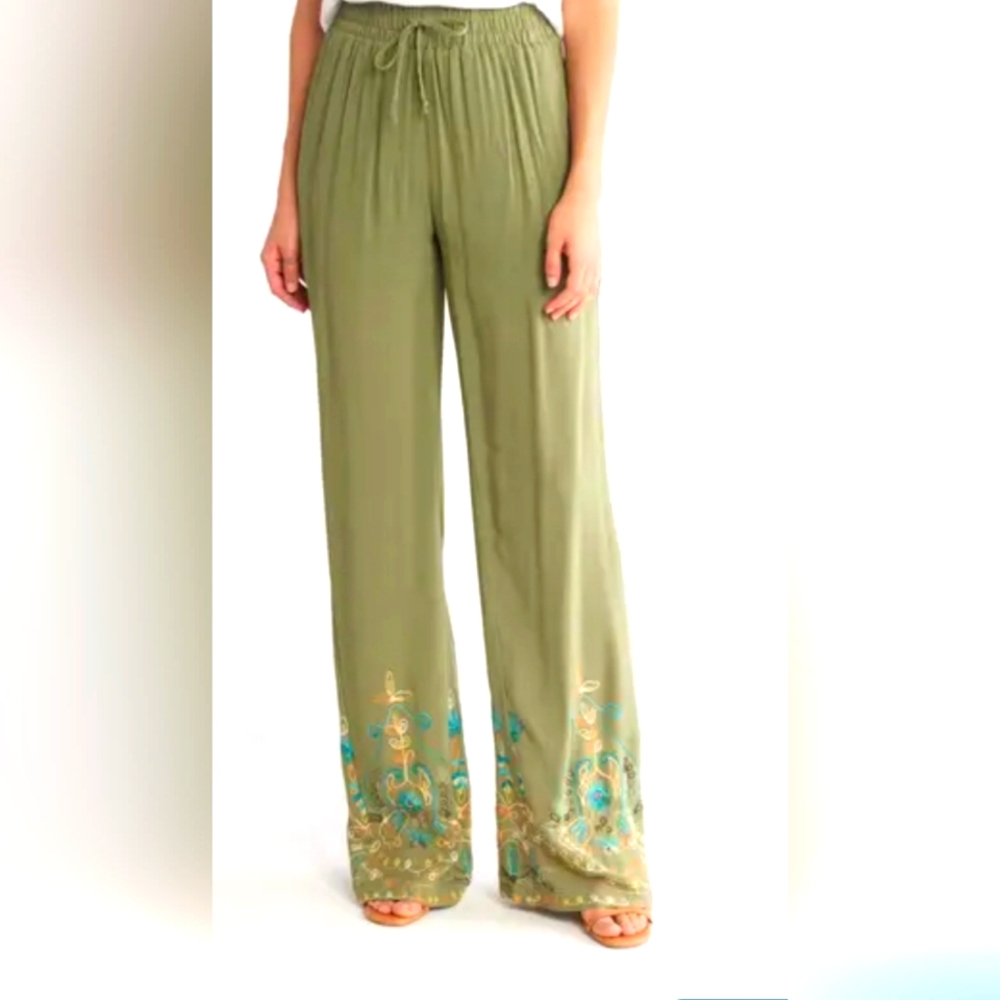 Wide Leg Embroidered Drawstring Pants - Olive